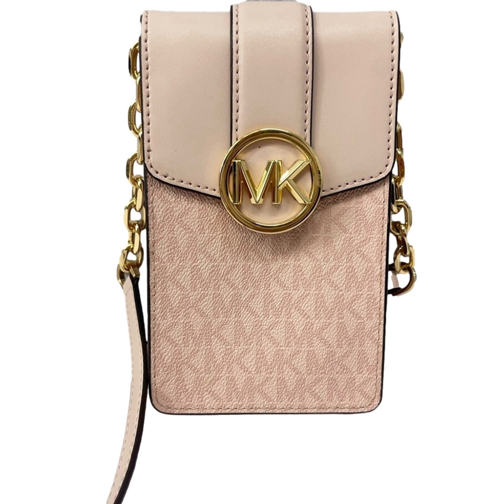 Michael Kors Carmen Phone Crossbody Bag Powder Blush Logo With Gold Chain Strap - Picture 3 of 7
